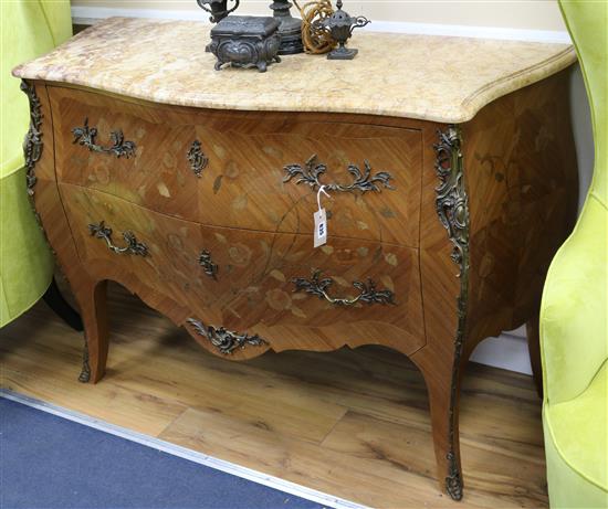 A Louis XVI design marquetry inlaid demi lune marble top bombe commode W.122cm